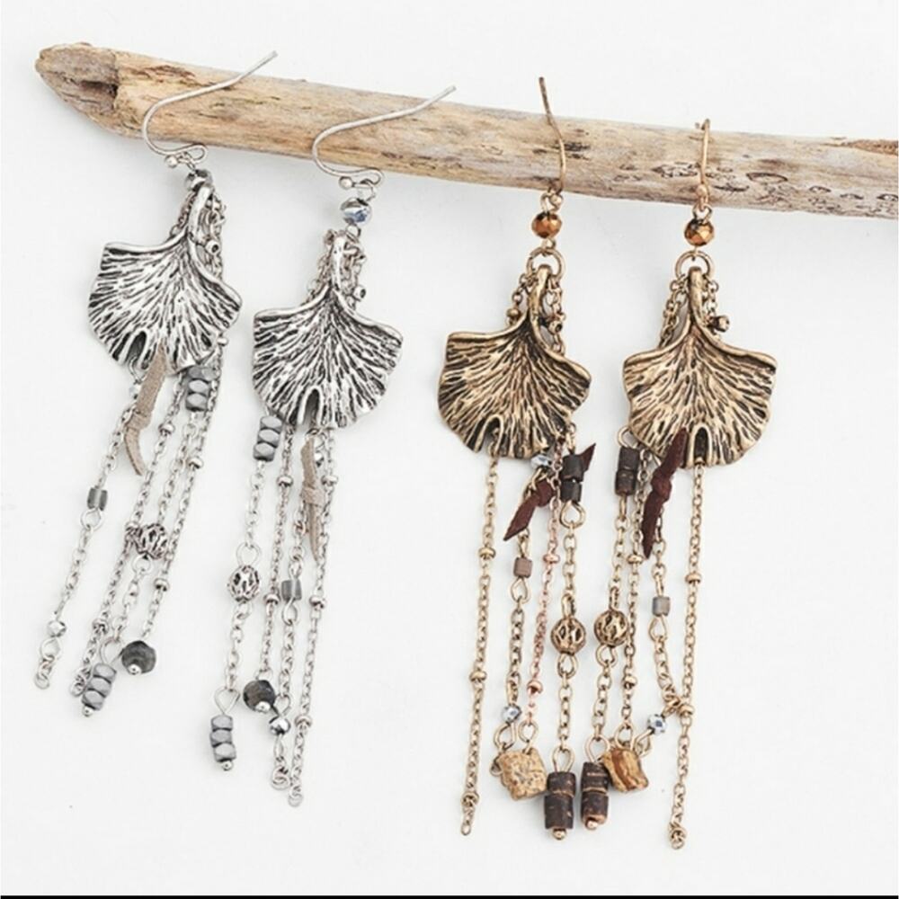 Leaf dangle jasper & hematite artisan made earrings silver - Picture 3 of 3
